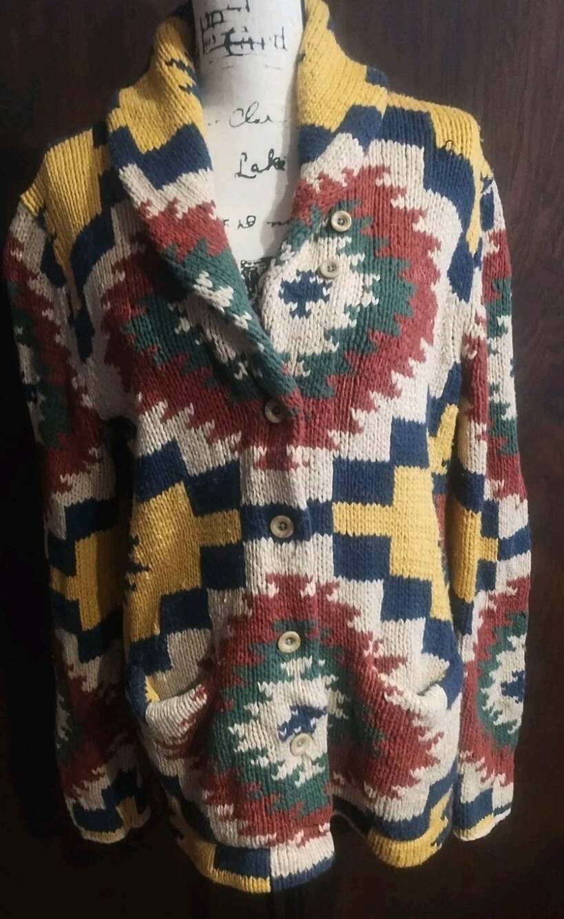 Ralph Lauren Denim Supply Aztec Chunky Knit Cardigan Sweater Vintage Women's L